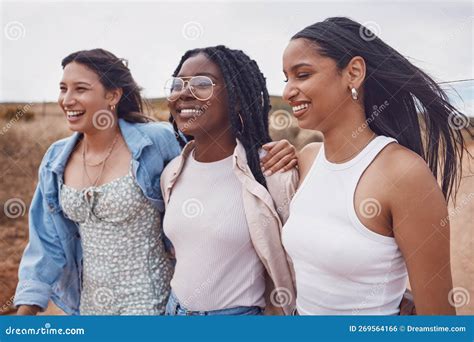 Friends Diversity And Happy With Women In Nature For Travel Vacation