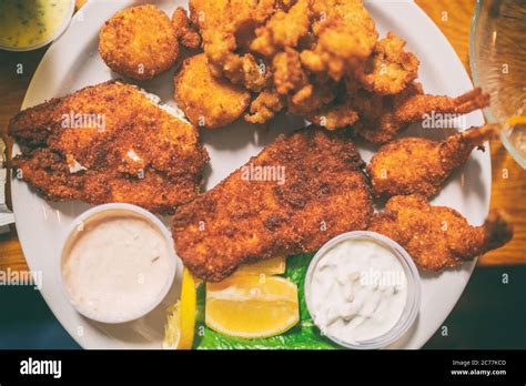 Fried Seafood Platter Top View Of Local Dish From Key West Florida