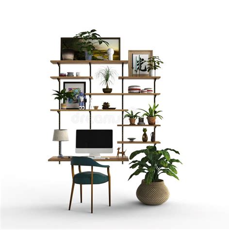 Modern Home Office Featuring a Light Wood Desk, Shelves, and a Potted Plant, 3D Rendered Stock ...