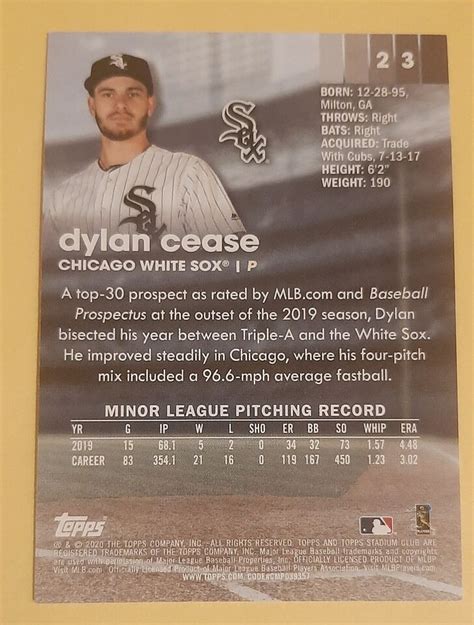 Dylan Cease 2020 Topps Stadium Club 23 Rookie Card RC Chicago White