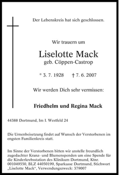 Traueranzeigen Von Liselotte Mack Trauer In Nrw De