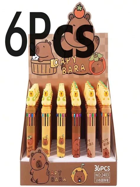 6Pcs Random Capybara Cartoon Power 10 Colors Chunky Ballpoint Pen