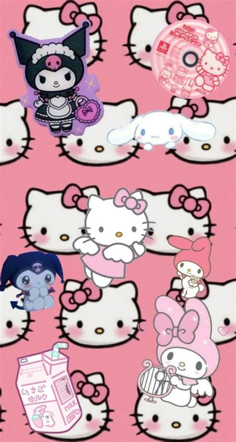 Many Hello Kitty Stickers On A Pink Background