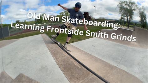 Old Man Skateboarding Learning Frontside Smith Grinds On Transition