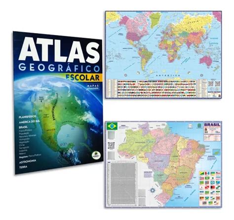 Kit Mapa Mundi Brasil Livro Atlas Escolar Geográfico Escolar