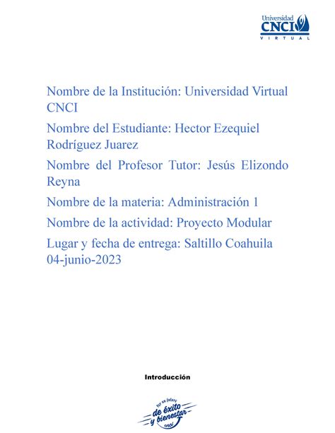 Proyecto modular administracion 1 Nombre de la Institución