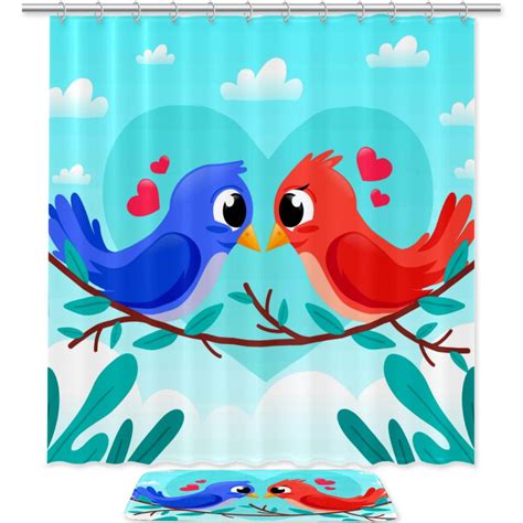 Ownni Cute Birds Couple Pattern Pongee Shower Curtain Set With