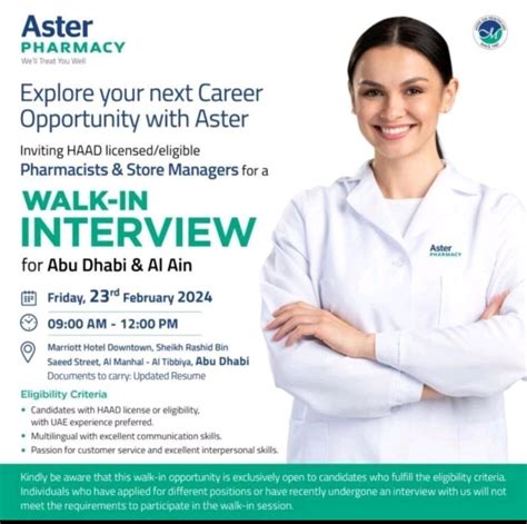 Aster Pharmacy Career Walk In Interview Uae Career Updates Job