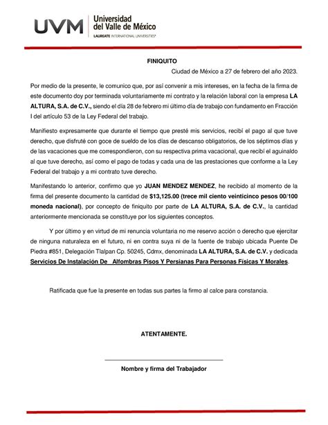 Actividad 7 Etapa 2 Carta Finiquito Derecho Laboral FINIQUITO Ciudad