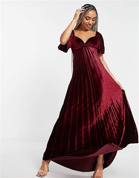 Asos Design Twist Back Pleated Empire Waist Velvet Maxi Dress In Red Asos