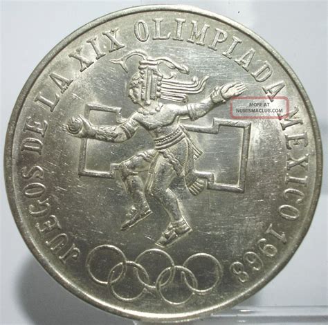 1968mo Mexico 25 Peso Olympics Large Silver Coin Aunc