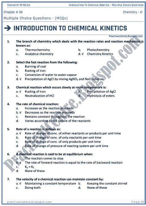 Introduction To Chemical Kinetics MCQs Chemistry XI Chemical