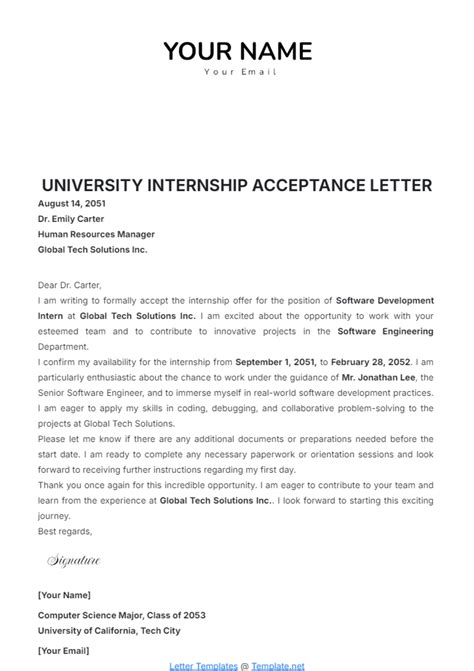 Free University Internship Acceptance Letter Template Edit Online