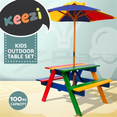 Keezi Kids Outdoor Table And Chairs Picnic Bench Set Umbrella Colourful