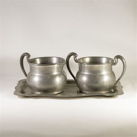 Solid Pewter Vintage Cream And Sugar Set With Underplate The Townhouse Antiques And Vintage