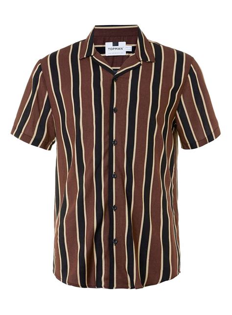 Brown Cream And Black Stripe Revere Collar Shirt Mens Collared