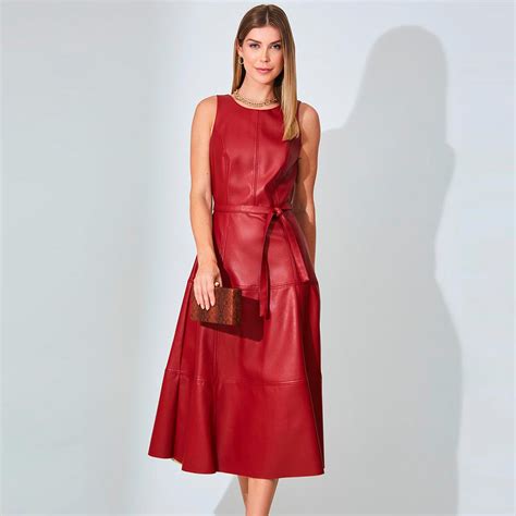 Vestido Midi Couro Fake Cor Marsala Alice Pole Modas