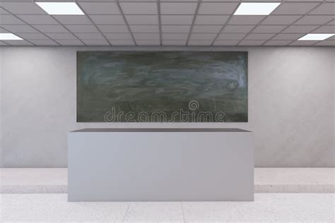 Modern Concrete Classroom Interior With Desk And Empty Mock Up Blackboard Back To School And