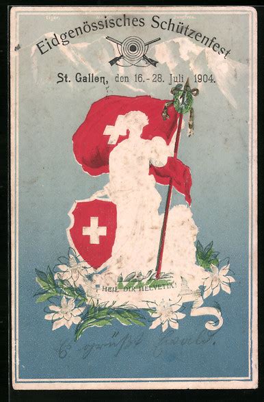 Präge Lithographie St Gallen Schützenfest 1904 Helvetia mit Stab