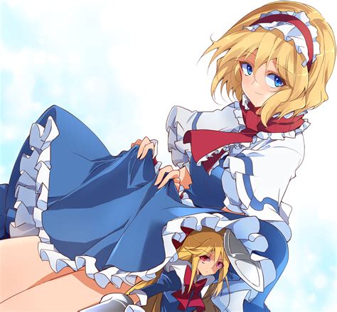 Safebooru 1girl Alice Margatroid Arms Up Bangs Blonde Hair Blue Background Blue Dress Blue