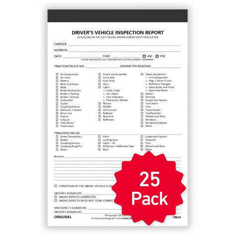 25 Pack Detailed Driver Vehicle Inspection Report Book 2 Ply Carbonless 55 X 85 35 Sets