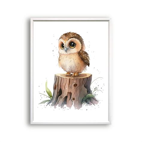 Postercity Poster Aquarel Baby Uil Op Boomstronk Waterverf Bos