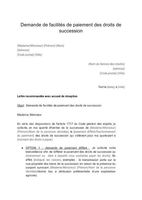 Demande De Facilit S De Paiement Des Droits De Succession Document Et