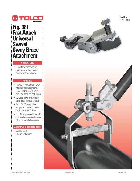 Size 58 Fig 981 Electro Galvanized Tolco Fast Attachment Swivel Brace