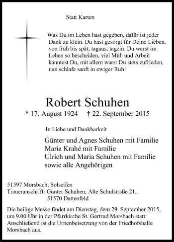 Traueranzeigen Von Robert Schuhen Wirtrauern