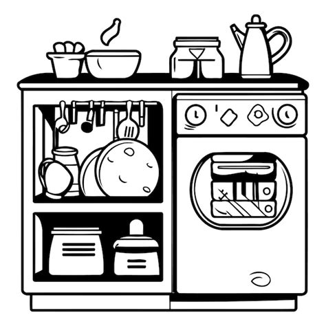 Kitchen Appliances And Utensils In The Kitchen Black And White Vector