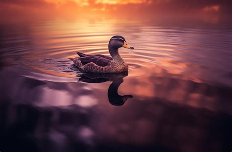 Un Pato Flotando En Un Lago Con Una Puesta De Sol Dorada Al Fondo