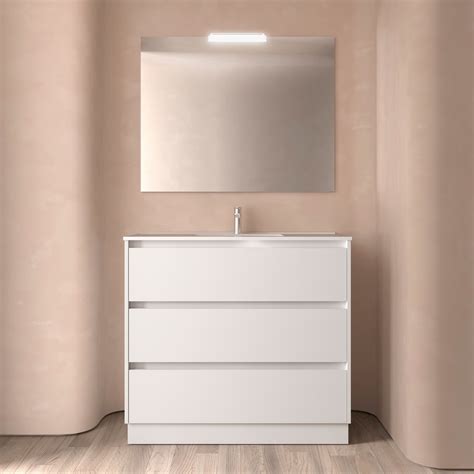 Meuble Salle De Bain NOJA 1000 3 Tiroirs WHITE SATIN Vasque Miroir