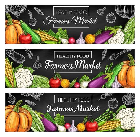 Premium Vector Fresh Farm Vegetable Blackboard Banners With Sketches