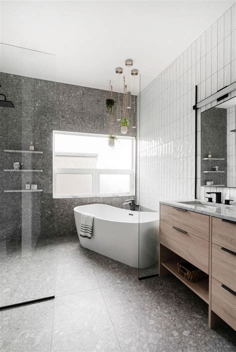 Grey Terrazzo Bathroom Tile And White Subway Tile White Bathroom