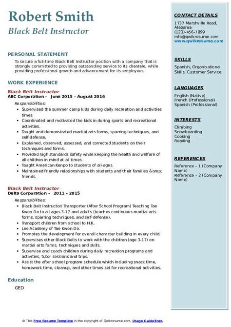 Black Belt Instructor Resume Samples Qwikresume