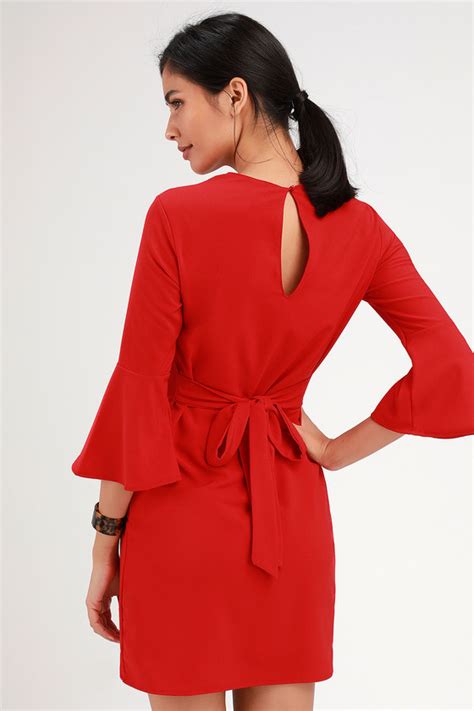 Chic Red Dress Flounce Sleeve Dress Tie Waist Dress