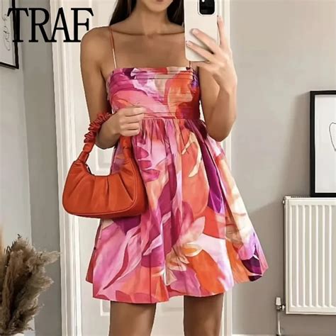 Traf Pleated Slip Mini Dress Woman Print Summer Beach Dress Women