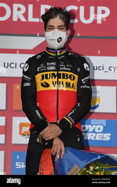 Belgian Wout Van Aert Celebrates On The Podium After Winning The Men S