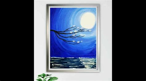 Acrylic Painting Of Moonlight Landscape Scenery With Flowers Painting