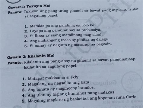 Gawain 1 Tukuyin Mo Panuto Tukuyin Ang Pang Uring Ginamit Sa Bawat