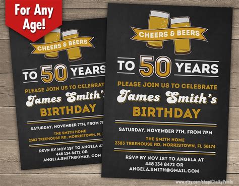 50th Birthday Invitation Male Cheers To 50 Years Cheers And