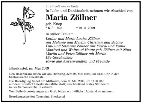 Traueranzeigen von Maria Zöllner Saarbruecker Zeitung Trauer de