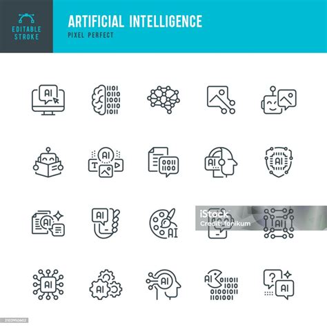 인공 지능 벡터 선형 아이콘 집합입니다 완벽한 픽셀 편집 가능한 획 이 세트에는 인공 지능 로봇 두뇌 챗봇 가상 비서 빅 데이터