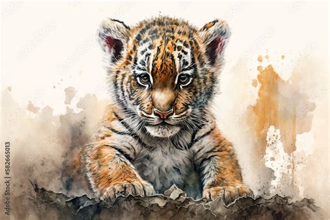 Watercolor painting of a cute baby tiger. Baby tiger. generative ai. Aquarelle illustration ...