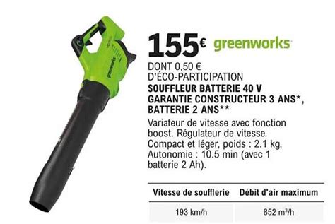 Promo Souffleur Batterie V Greenworks Chez E Leclerc Brico