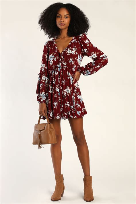 Burgundy Floral Print Dress Long Sleeve Dress Babydoll Dress Lulus