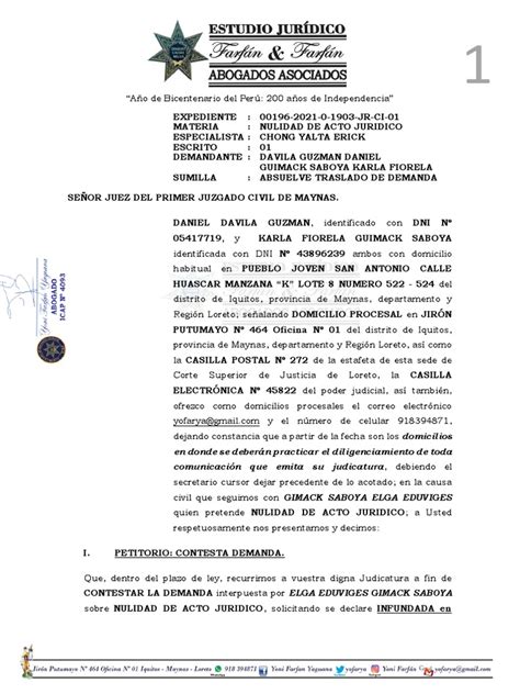 Contesta Demanda De Nulidad De Acto Juridico Pdf Propiedad