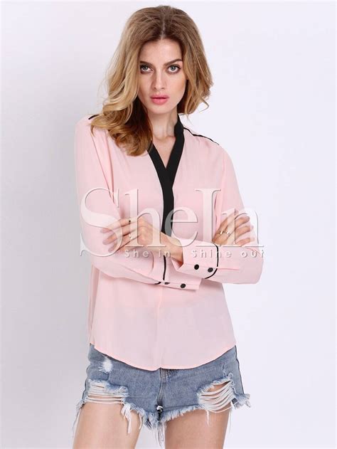 Pink Long Sleeve V Neck Blouse Sheinsheinside