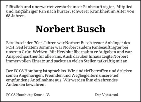 Traueranzeigen Von Norbert Busch Saarbruecker Zeitung Trauer De