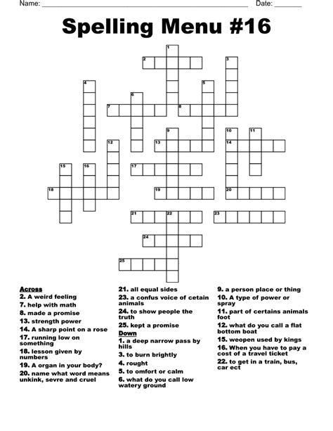 Spelling Menu 16 Crossword Wordmint